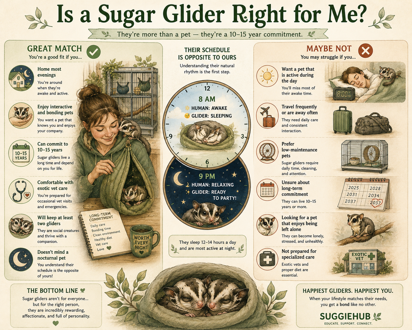 Is a sugar glider right for me — checklist of lifestyle factors including schedule, budget, vet access, and long-term commitment