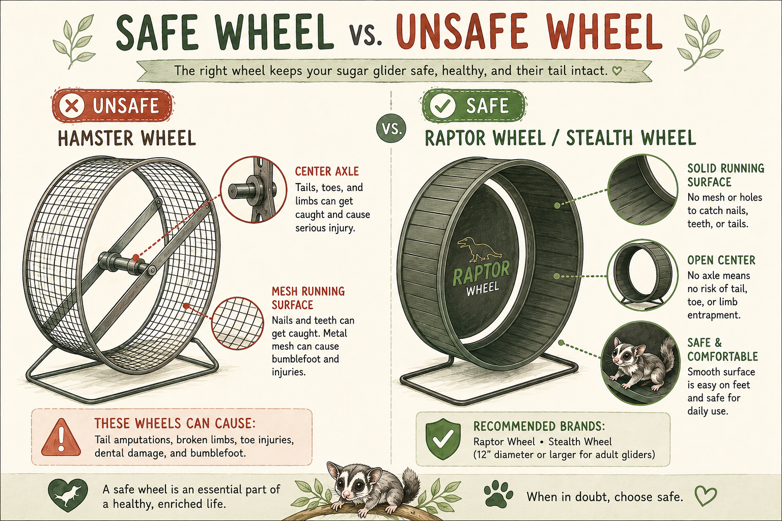 Safe sugar glider exercise wheel — solid open-face wheel with no center axle, showing approved Raptor Wheel and Free Runner designs