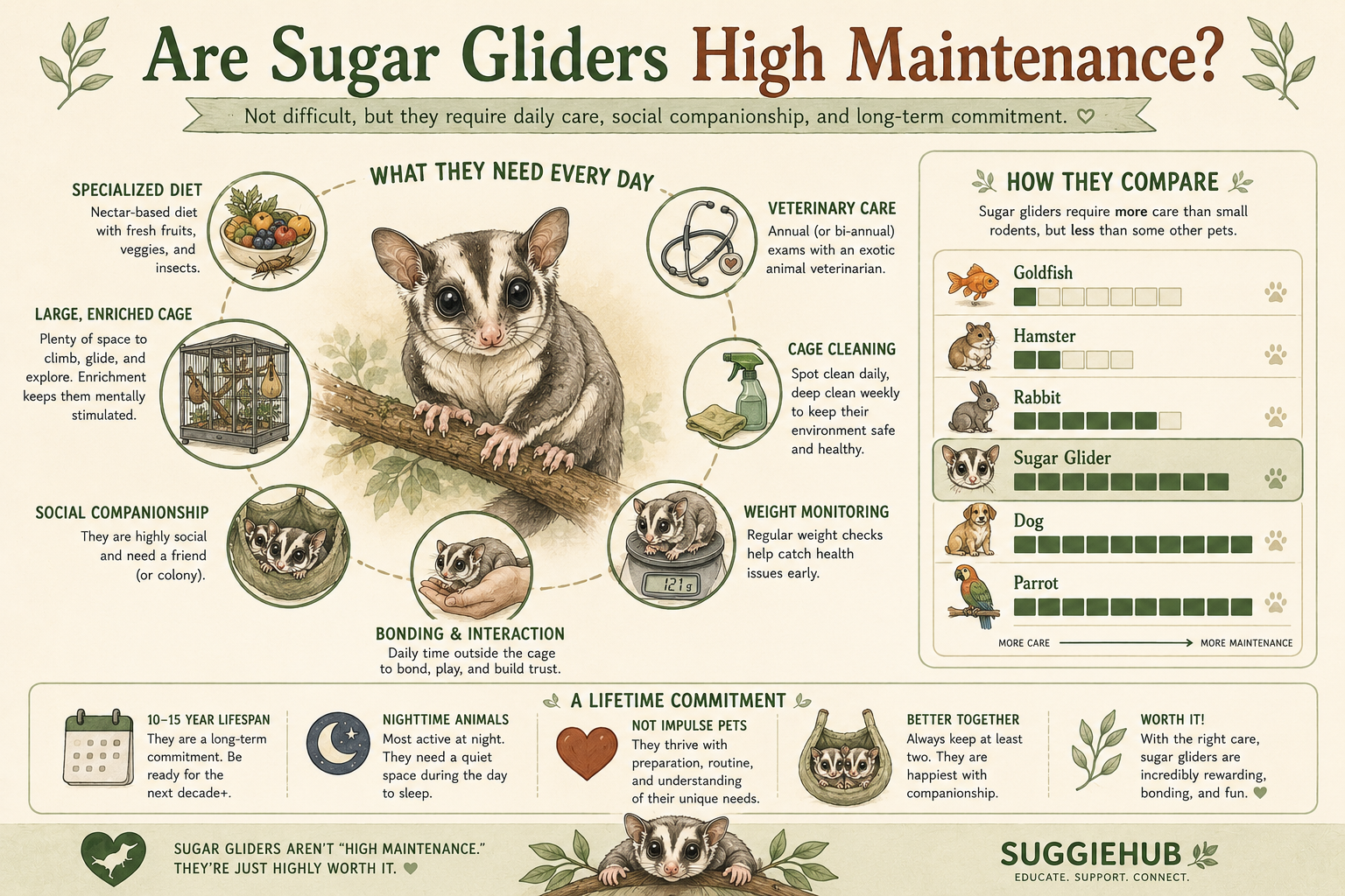 Sugar glider care requirements infographic showing diet, social, vet, and enrichment needs