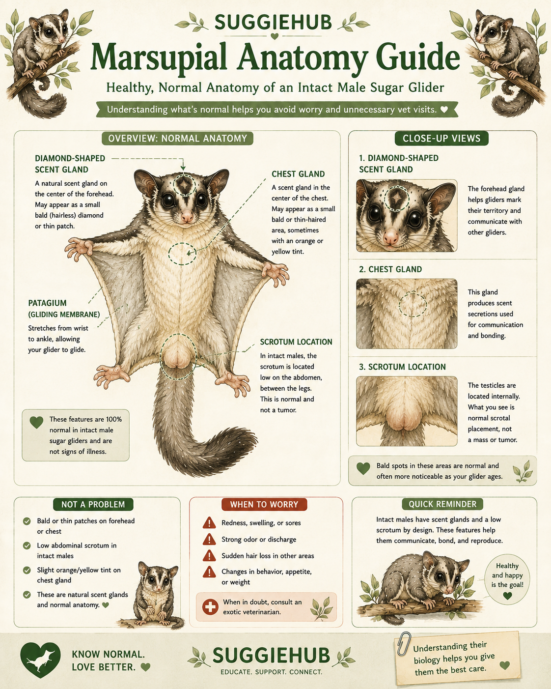 Normal male sugar glider anatomy — bald spots from scent glands on head and chest, and scrotum on lower abdomen commonly mistaken for a tumor