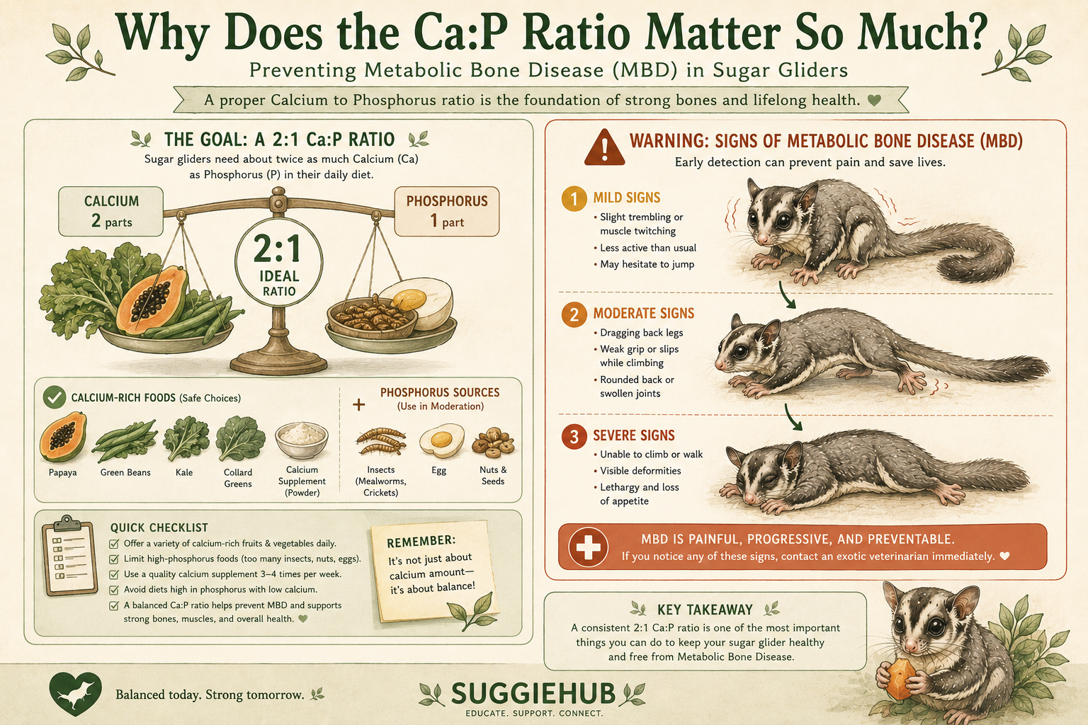Sugar glider MBD prevention — calcium to phosphorus ratio infographic showing the 2:1 Ca:P requirement to prevent Metabolic Bone Disease
