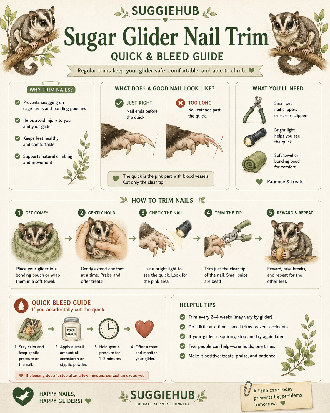 How to stop a bleeding sugar glider nail — cornstarch clotting method, avoid styptic powder products made for dogs or cats