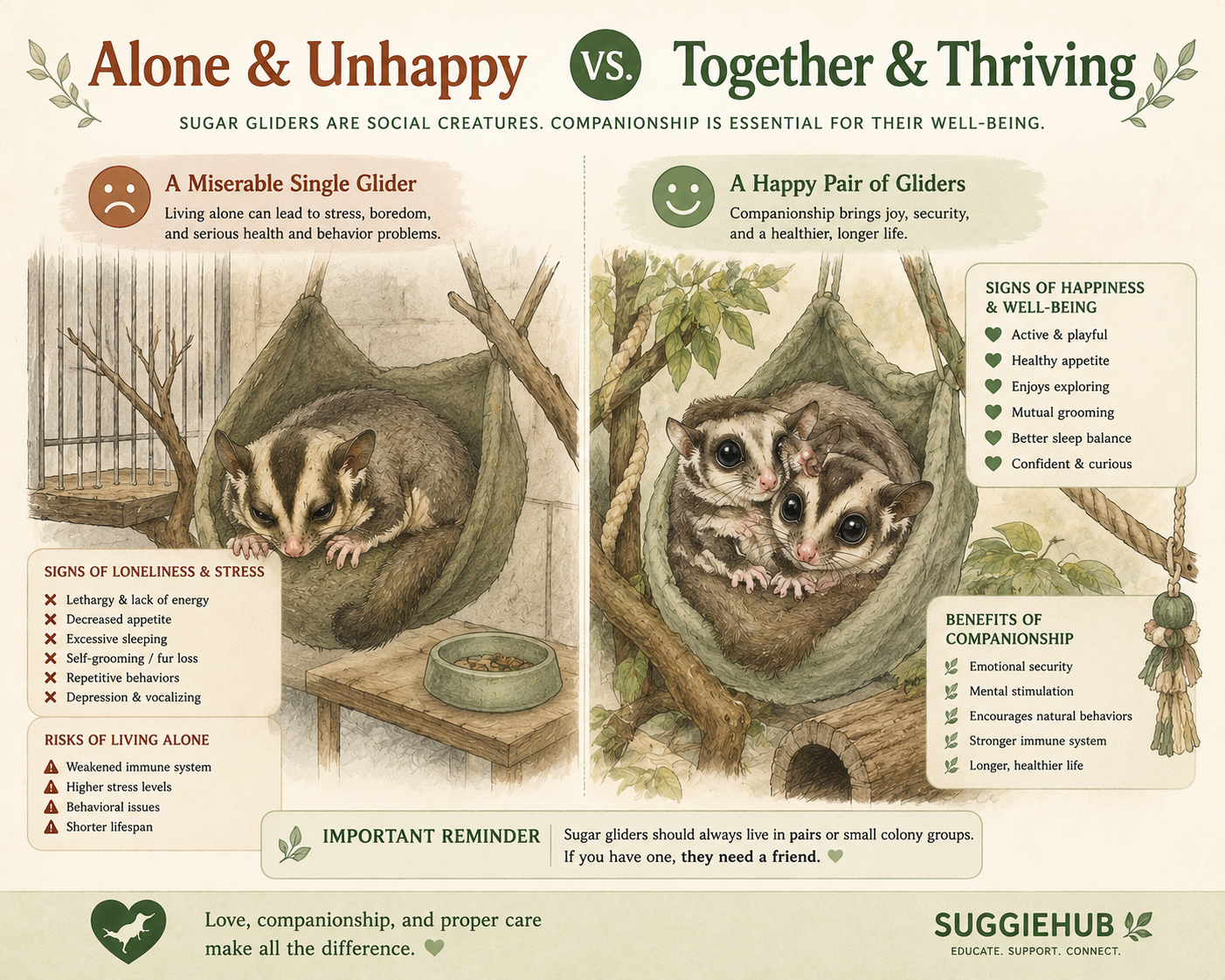Sugar glider one vs two companions — why sugar gliders should not be kept alone and require a bonded pair minimum