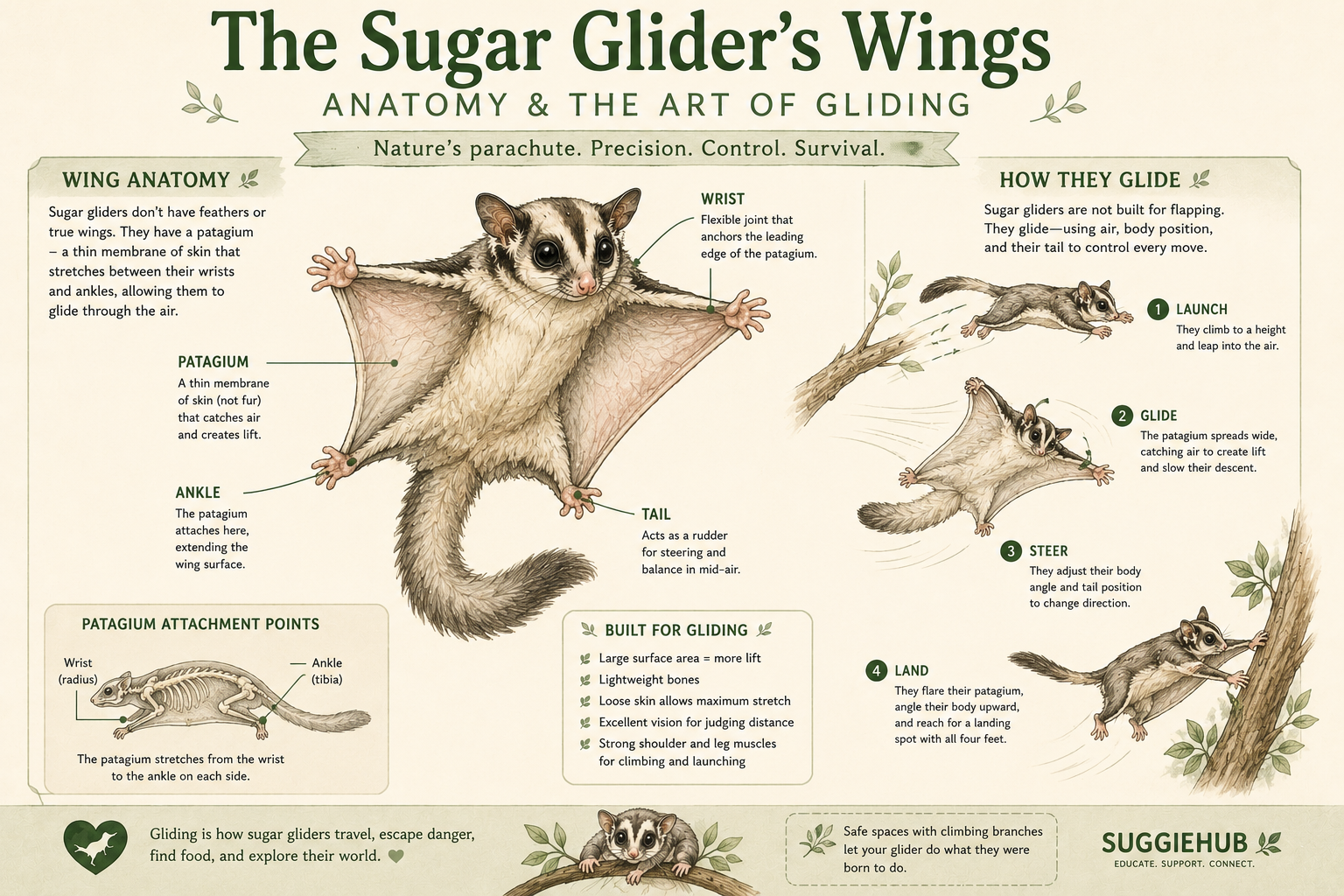 Sugar glider patagium gliding membrane anatomy — the skin membrane stretching from wrist to ankle that allows gliding up to 150 feet