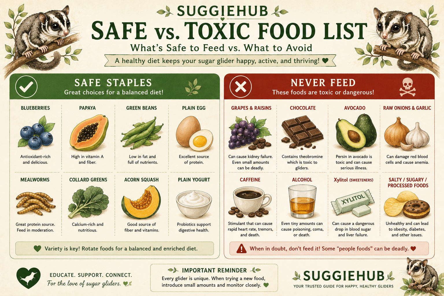 Sugar glider food safety index — safe staples vs toxic foods chart including chocolate, onions, garlic, and artificial sweeteners to avoid