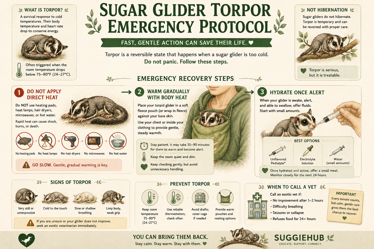 Sugar glider torpor emergency recovery flow chart — steps to safely warm a glider found in torpor without causing shock